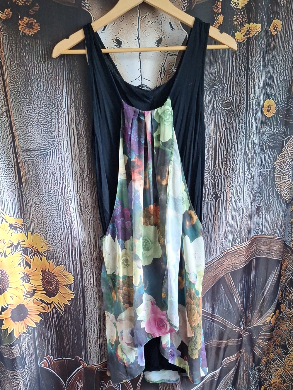 Papillon Blanc Black Tank with Multicolor Floral Chiffon Overlay